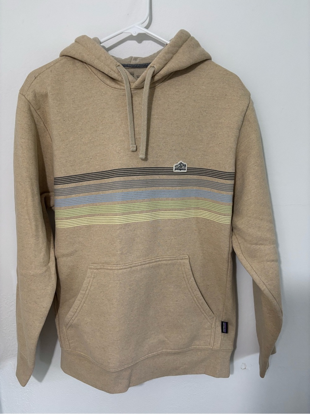Patagonia Tan Hoodie with Multicolor Chest Stripes